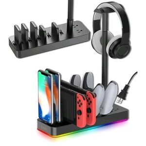 RGB Headset Holder with 6 USB C Charger Compatible with Switch/Phone/PS5